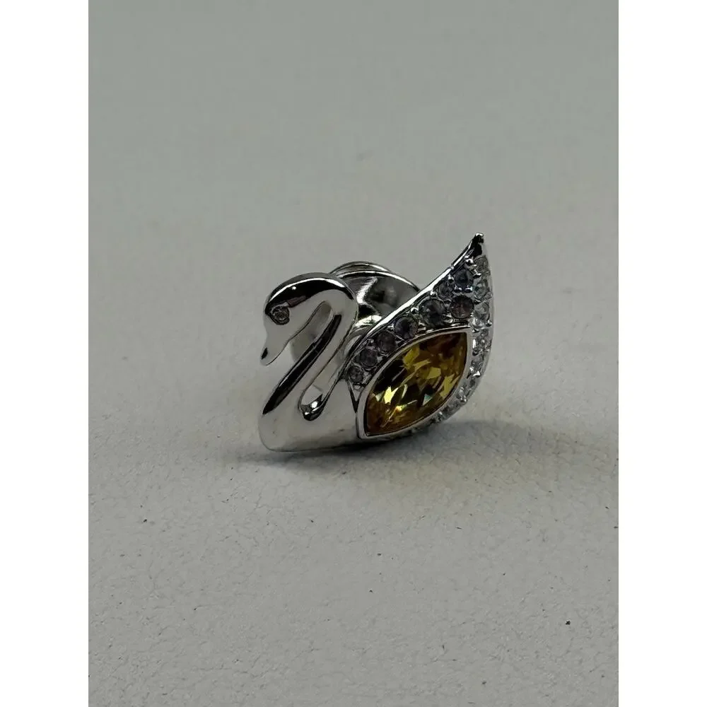 Swarovski Silver Tone Tie Tack Lapel Pin Swan Logo Yellow Crystal